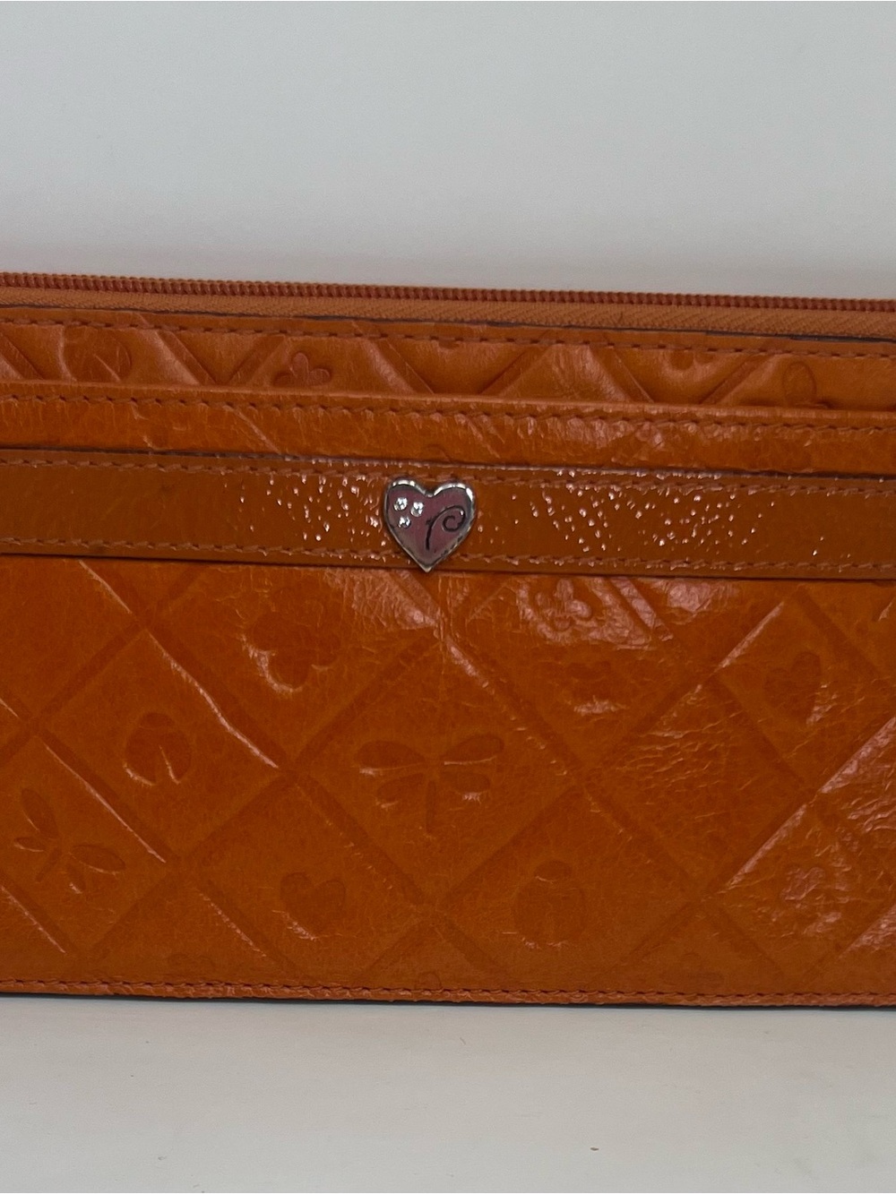 Vintage Brighton Leather Zip Wallet Clutch Orange Embossed Floral Lining Heart